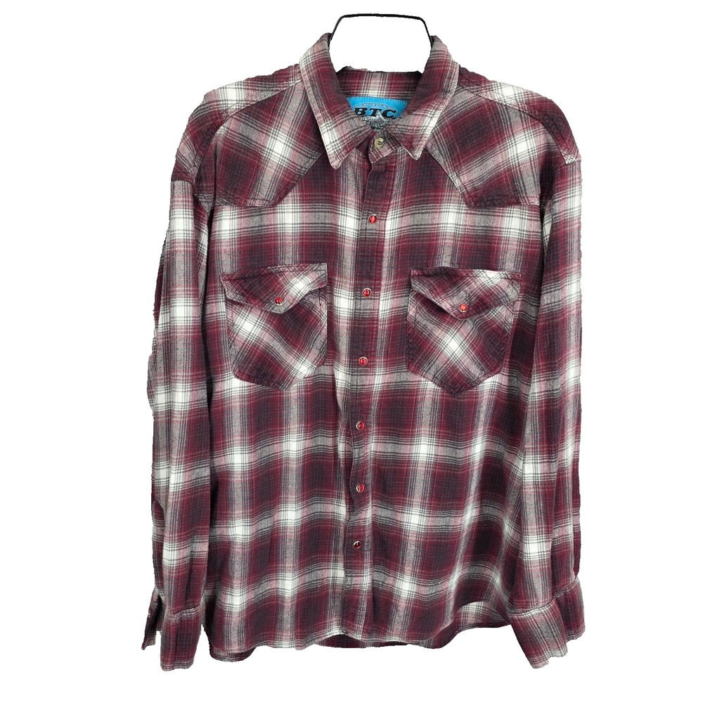 Bay Trading Co Shirt Mens XL Red Plaid Pearl Snap Long Sleeve Pockets Cotton‎
